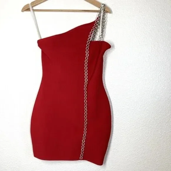 Revolve H’ours Aisha Red One-Shoulder Rhinestone strap cocktail Dress, size 4 - Picture 4 of 7